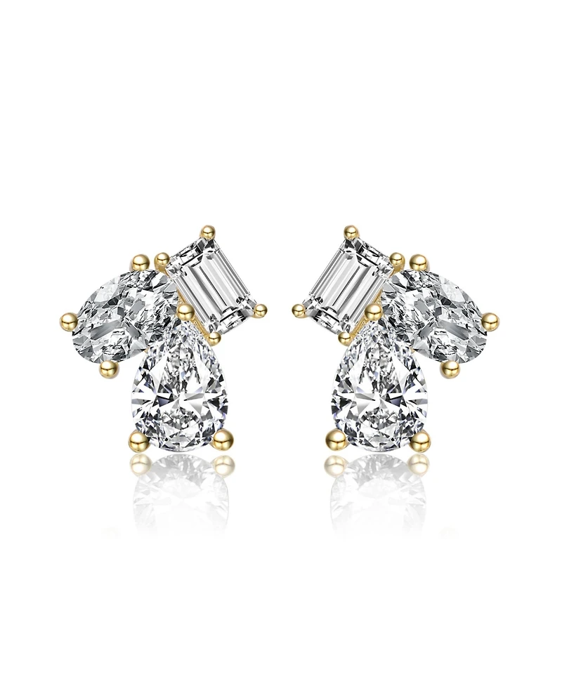 Sterling Silver Cubic Zirconia Three-Stone Cluster Stud Earrings in White Gold Plated or 14k Gold Plated