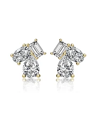 Sterling Silver Cubic Zirconia Three-Stone Cluster Stud Earrings in White Gold Plated or 14k Gold Plated