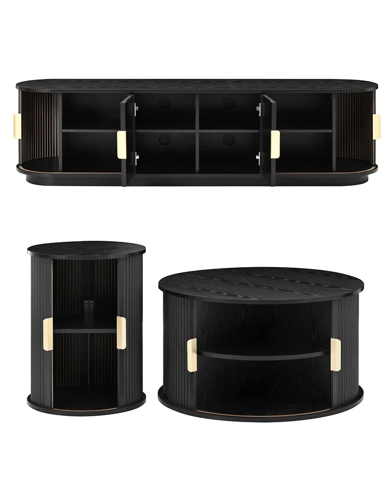Streamdale Wooden Tv Stand & Coffee Table Set with Fluted Doors, Golden Handles, Black