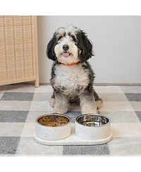 The Licker Store Marbre Small/Medium Modern Weighted Double Marble and Stainless Steel Bowl 12oz (1.5 Cups) Feeder with Non-Slip Tray Set