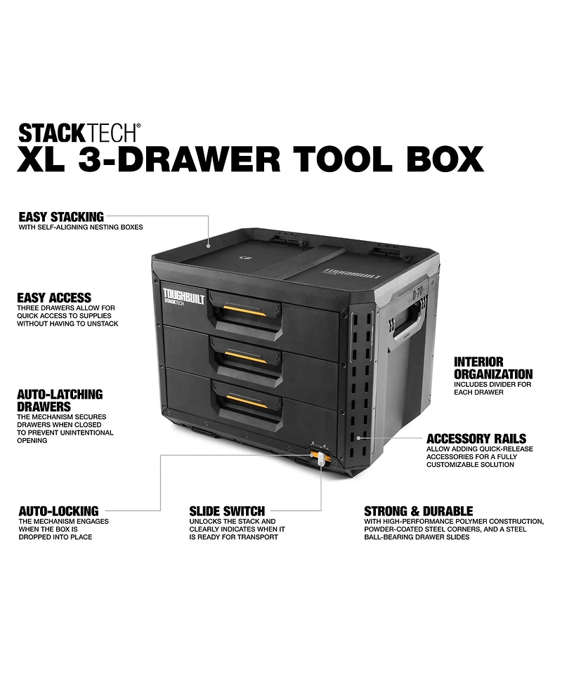 ToughBuilt StackTech 3-Drawer Tool Box, Durable Plastic Storage Organizer, Black