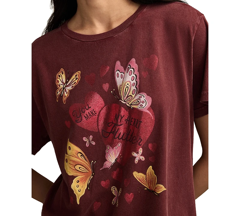 Lucky Brand Women's Heart Flutter Boyfriend Crewneck T-Shirt