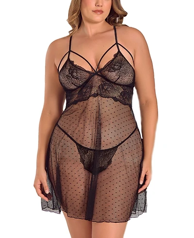iCollection Plus Lace and Dotted Mesh Babydoll Lingerie Set