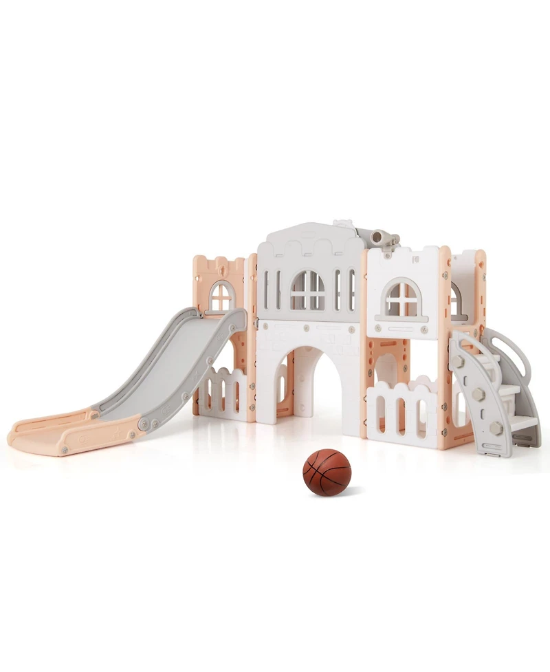 Hongge All-in-One Toddler Slide Playground with Tunnel, Ladder, and Basketball Hoop