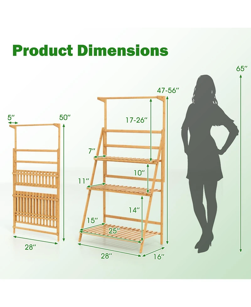 Sugift 3 Tier Bamboo Hanging Plant Stand with Height Adjustable Hanger Rod