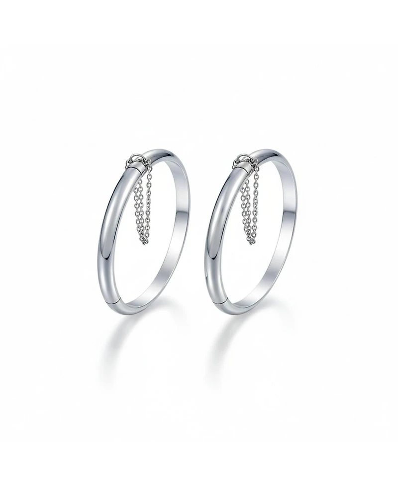 Bling Jewelry Set of 2 Small Simple Stackable Dome Cuff Bangle Bracelet with Safety Chain Sterling Silver 5 Inch
