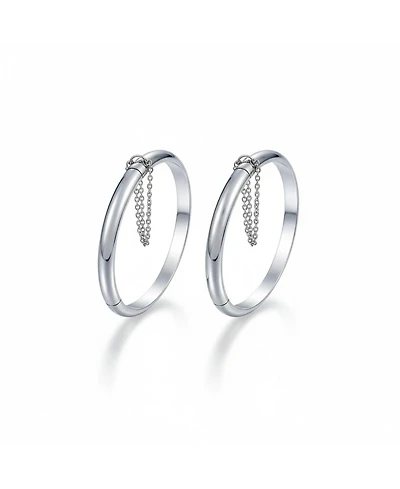 Bling Jewelry Set of 2 Small Simple Stackable Dome Cuff Bangle Bracelet with Safety Chain Sterling Silver 5 Inch