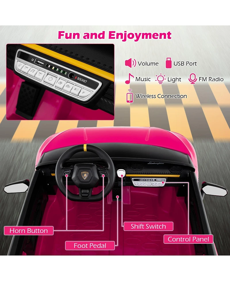 Hongge 24V Licensed Lamborghini 2-Seater Ride-On Car with Music, Lights, and Remote - Pink