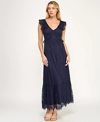 Trixxi Juniors' V-Neck Ruffle Bust Lace Midi Dress