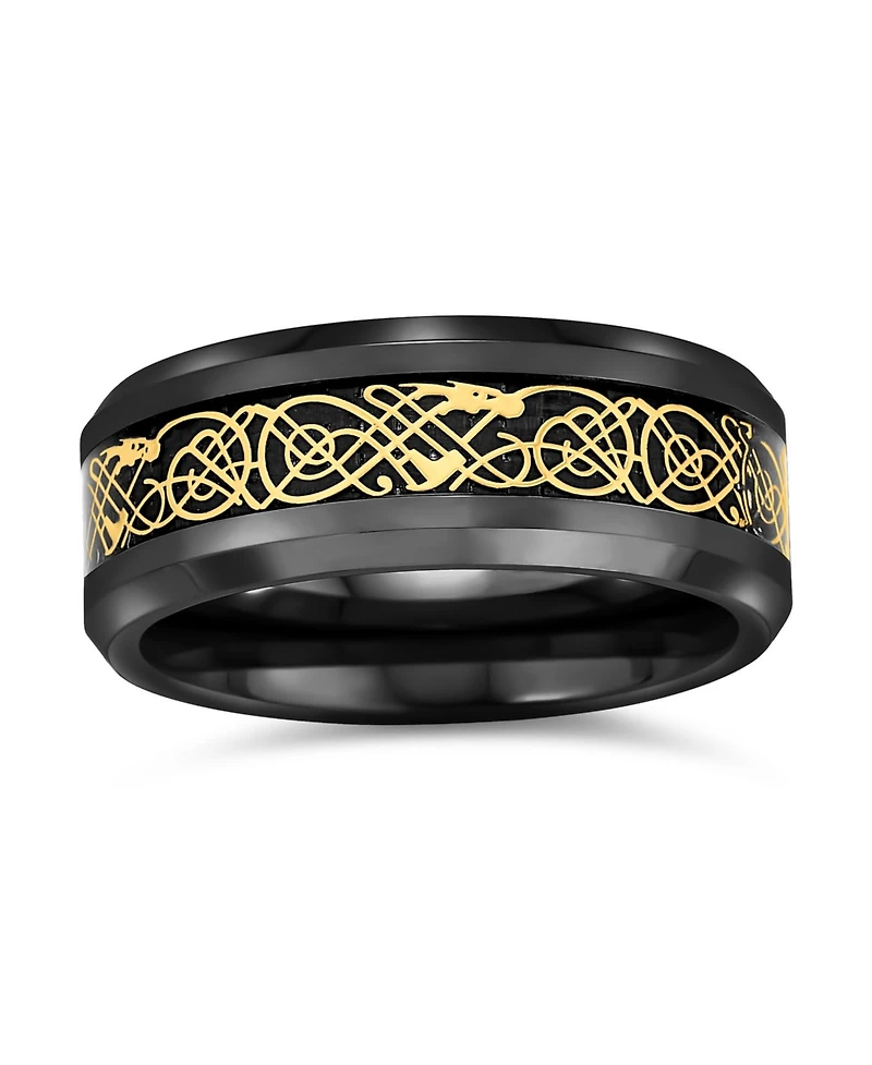 Bling Jewelry Two-Tone Celtic Dragon Knot Carbon Fiber Inlay Band Ring 8MM Titanium