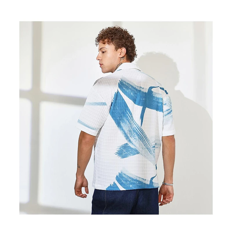 Campus Sutra Men's Sky Blue & Chalk White Stroked Waffle Oversized Shirt