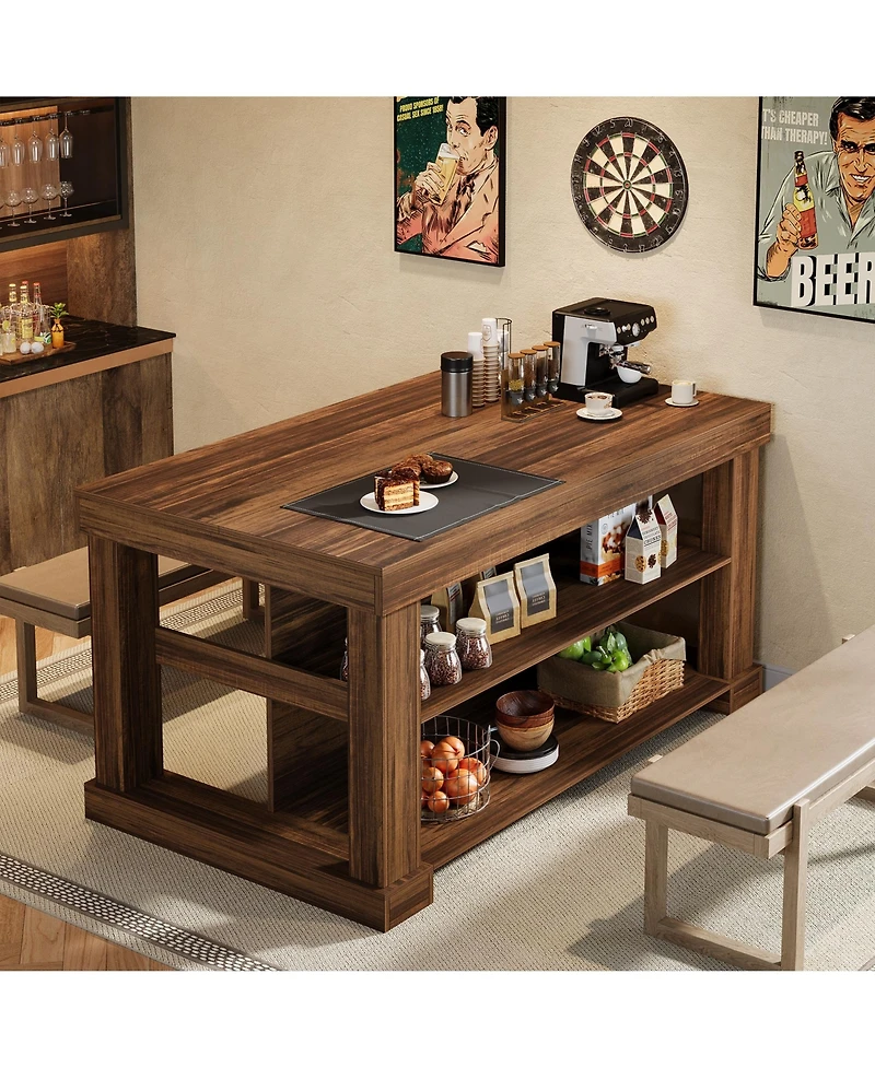 Tribesigns Kitchen Island with 3 Shelves, 55 Inches Width Kitchen Shelf with Large Worktop