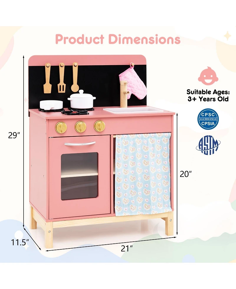 Hongge Wooden Play Kitchen for Kids with Door Curtain and Cooking Accessories - Pink