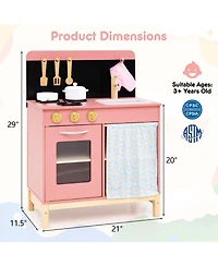Hongge Wooden Play Kitchen for Kids with Door Curtain and Cooking Accessories - Pink