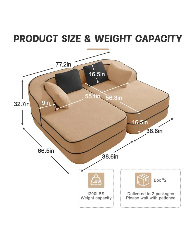 Streamdale Furniture Camel Teddy Fabric Boneless Sofa with Double Chaises