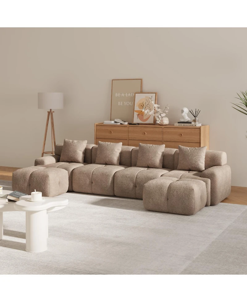 Streamdale Furniture U-Shaped Sleeper Sectional Sofa, 6-Piece Modular Couch with Ottomans & Pillows, Taupe