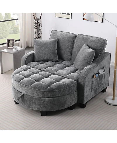 Streamdale Furniture Grey two-seater sofa with chaise, storage footrest, and two pillows
