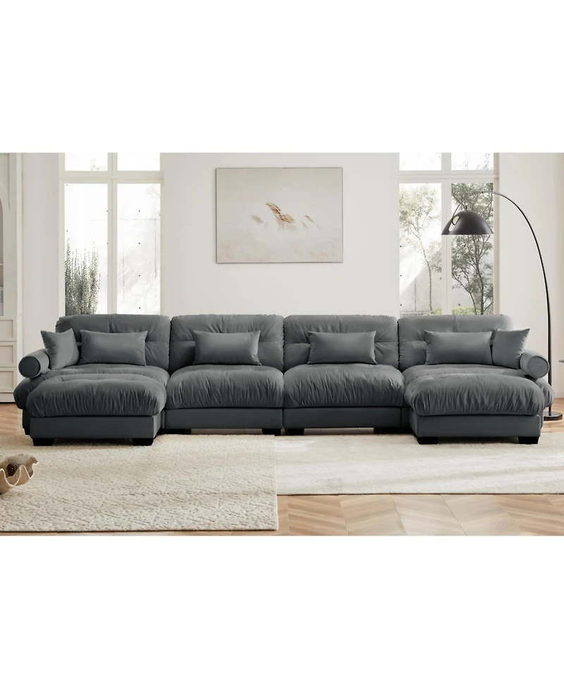 Streamdale Furniture U Shaped Sectional Sofa Cloud Couch with Movable Ottomans, Convertible 4 Seater Grey Velvet Couch.