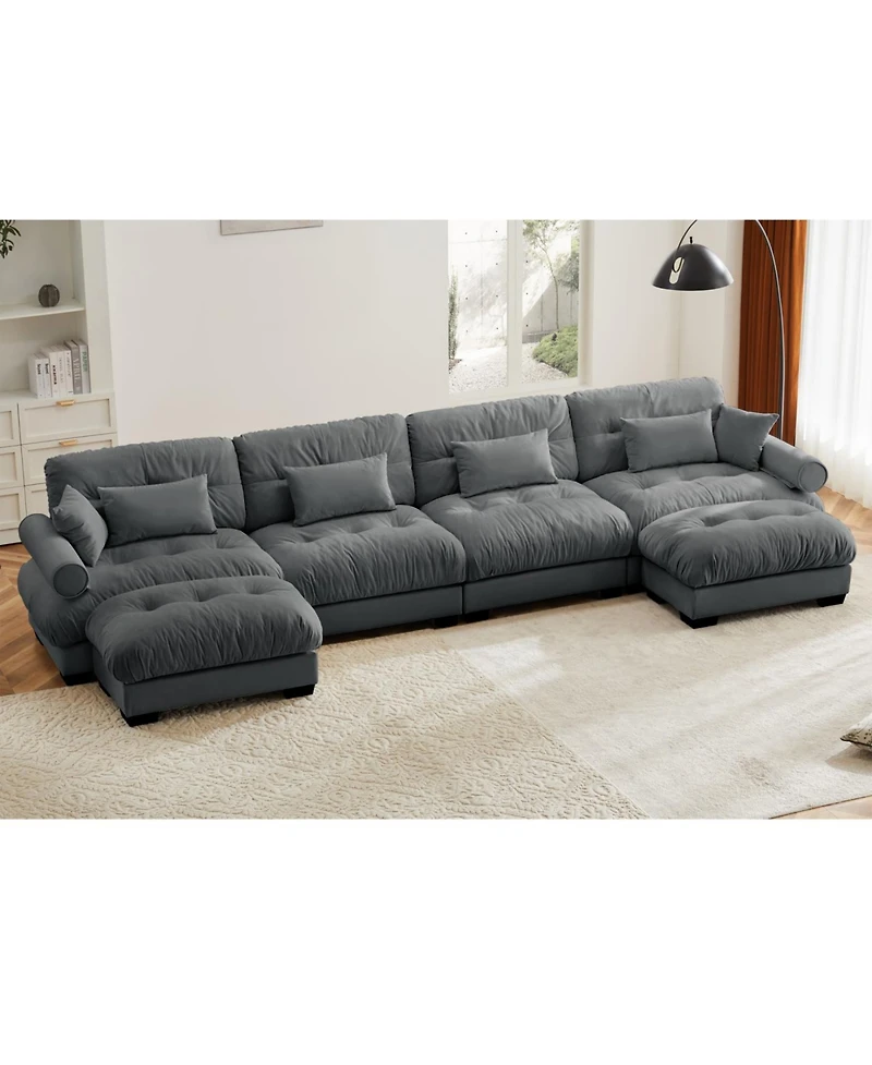 Streamdale Furniture U Shaped Sectional Sofa Cloud Couch with Movable Ottomans, Convertible 4 Seater Grey Velvet Couch.