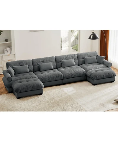 Streamdale Furniture U Shaped Sectional Sofa Cloud Couch with Movable Ottomans, Convertible 4 Seater Grey Velvet Couch.