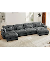 Streamdale Furniture U Shaped Sectional Sofa Cloud Couch with Movable Ottomans, Convertible 4 Seater Grey Velvet Couch.