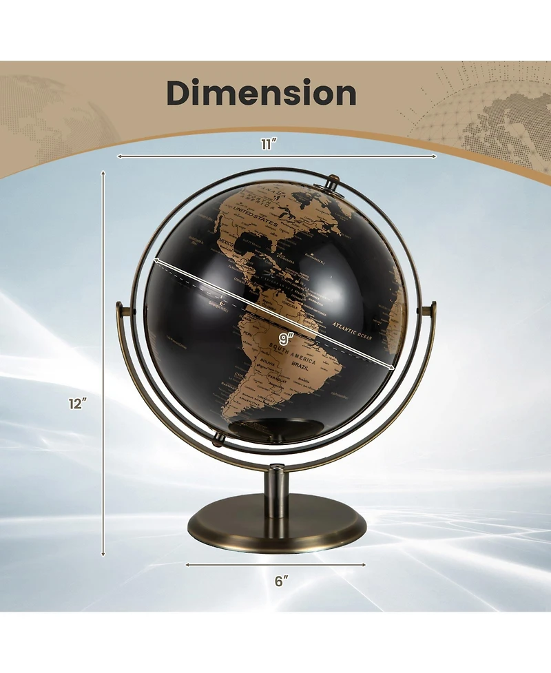 Hongge 9-Inch Metallic Black and Gold World Globe with Sturdy Metal Base