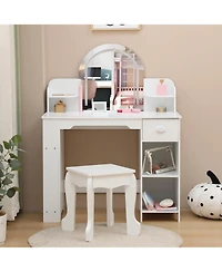 gaomon Kids Vanity with Lighted Mirror & Stool, Little Girls Vanity with Adjustable Led Light, Bookshelf