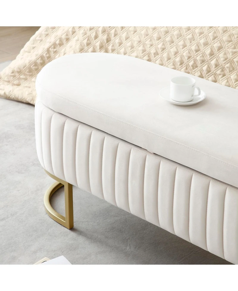 Streamdale Velvet Oval Upholstered Storage Bench with Golden Metal Legs, 50" Beige
