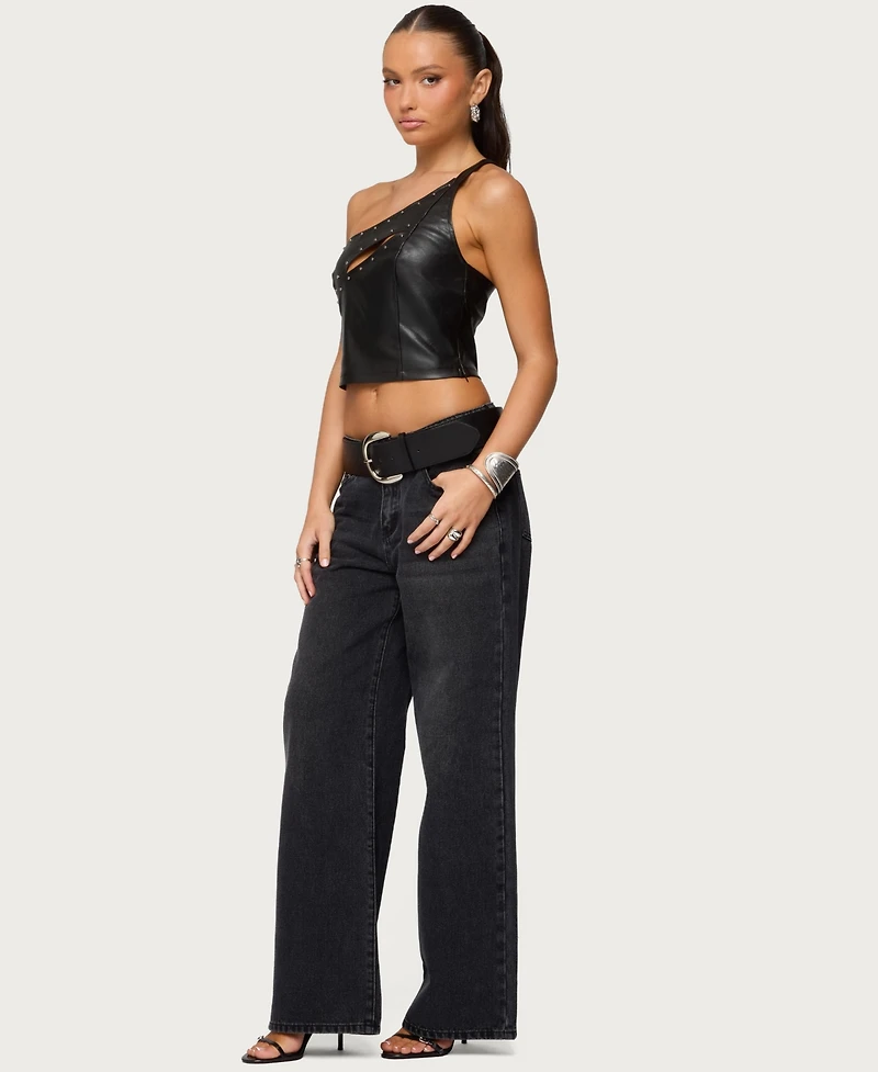 Edikted Womens Asymmetric Cutout Faux Leather Top