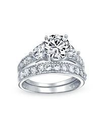 Bling Jewelry 3CT Round Solitaire Heart Shape Cz Cubic Zirconia Promise Ring Set Pave Band Sterling Silver