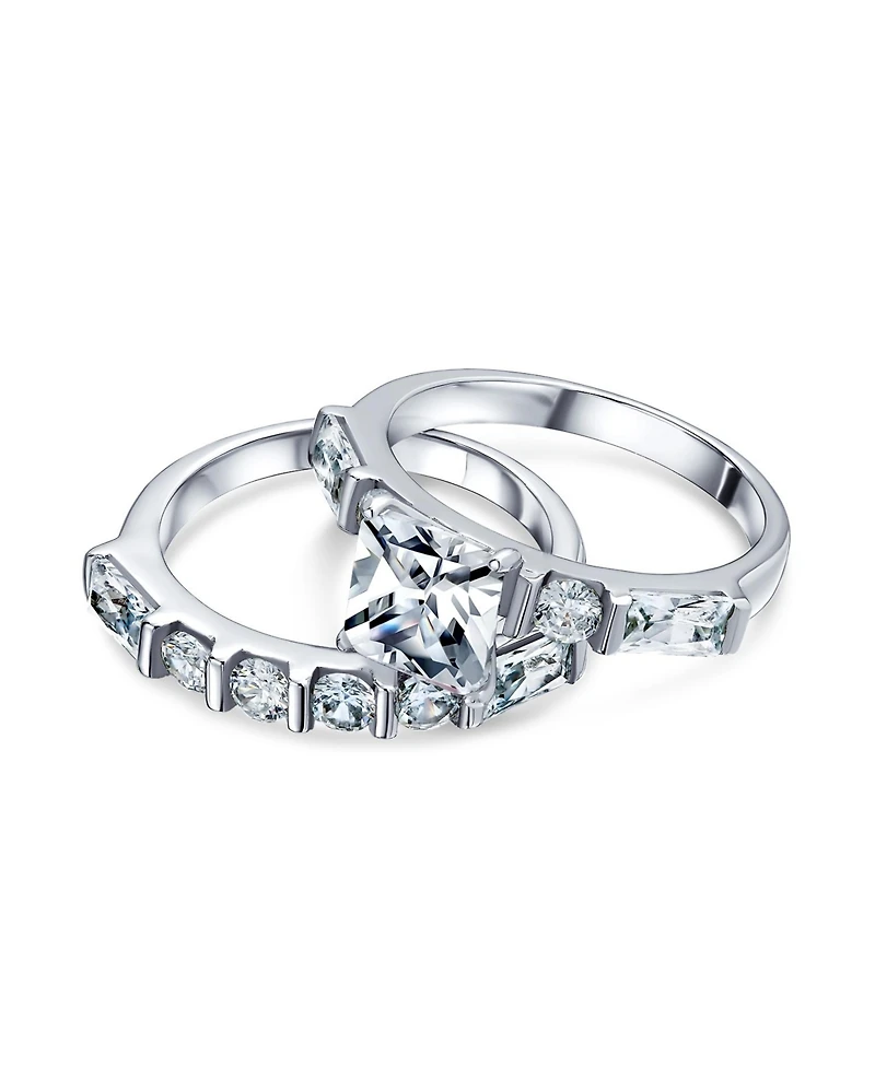 Bling Jewelry 2CT Square Cut Cz Cubic Zirconia Solitaire Promise Band Ring Set with Baguette Accents Sterling Silver