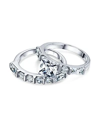 Bling Jewelry 2CT Square Cut Cz Cubic Zirconia Solitaire Promise Band Ring Set with Baguette Accents Sterling Silver