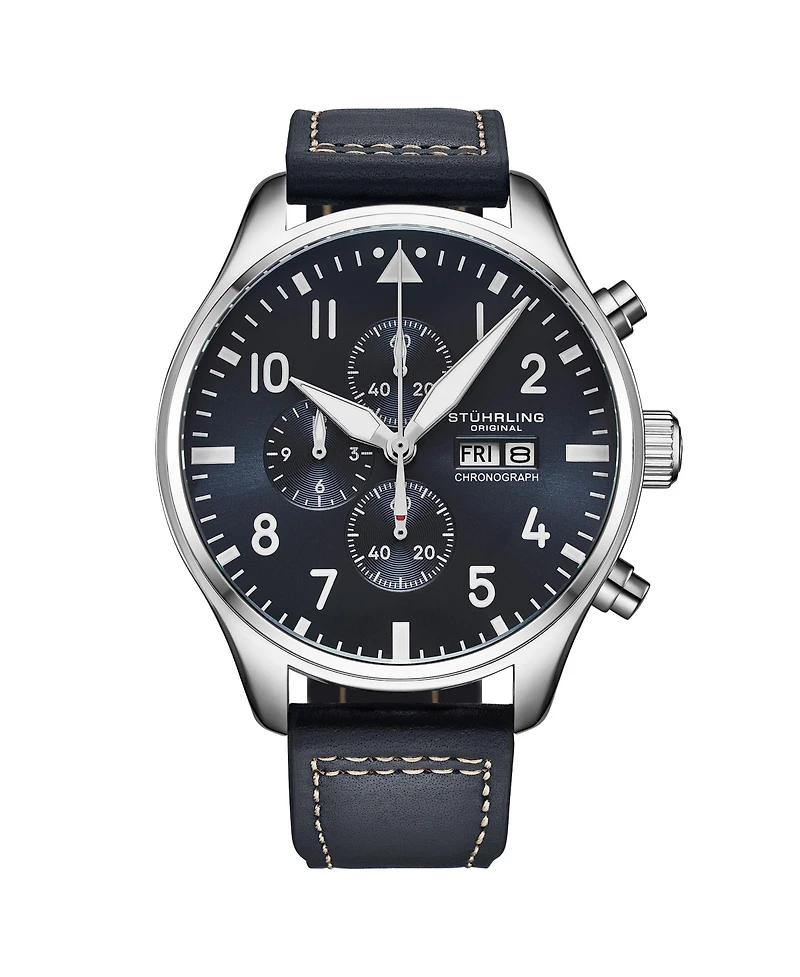 Stuhrling Navigator 4075 Men s 43mm Navy Sunray Dial Navy Leather Strap Chronograph Quartz Watch