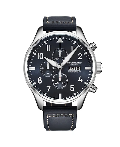 Stuhrling Navigator 4075 Men s 43mm Navy Sunray Dial Navy Leather Strap Chronograph Quartz Watch