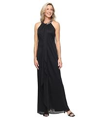 Sl Fashions Petite Glitter A-Line Halter Long Mesh Dress