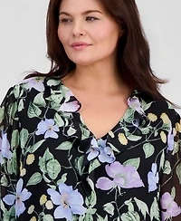 Kasper Plus Ruffled V-Neck Chiffon Blouse