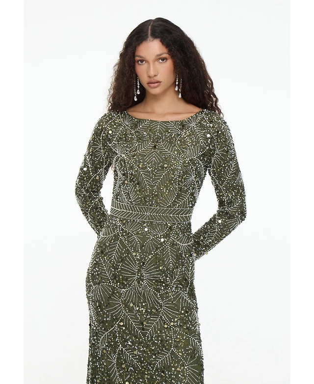 macys green sequin dress Corrine Embellished Chiffon Dress in Diana Embellishment Forest Green main image 0