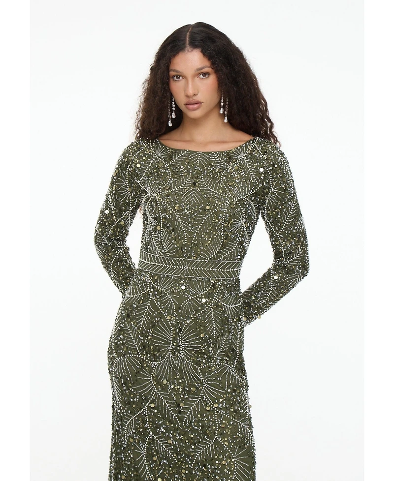 Maryisa Women's Modest Embellished Sequin Beaded Dress Maxi With Trail