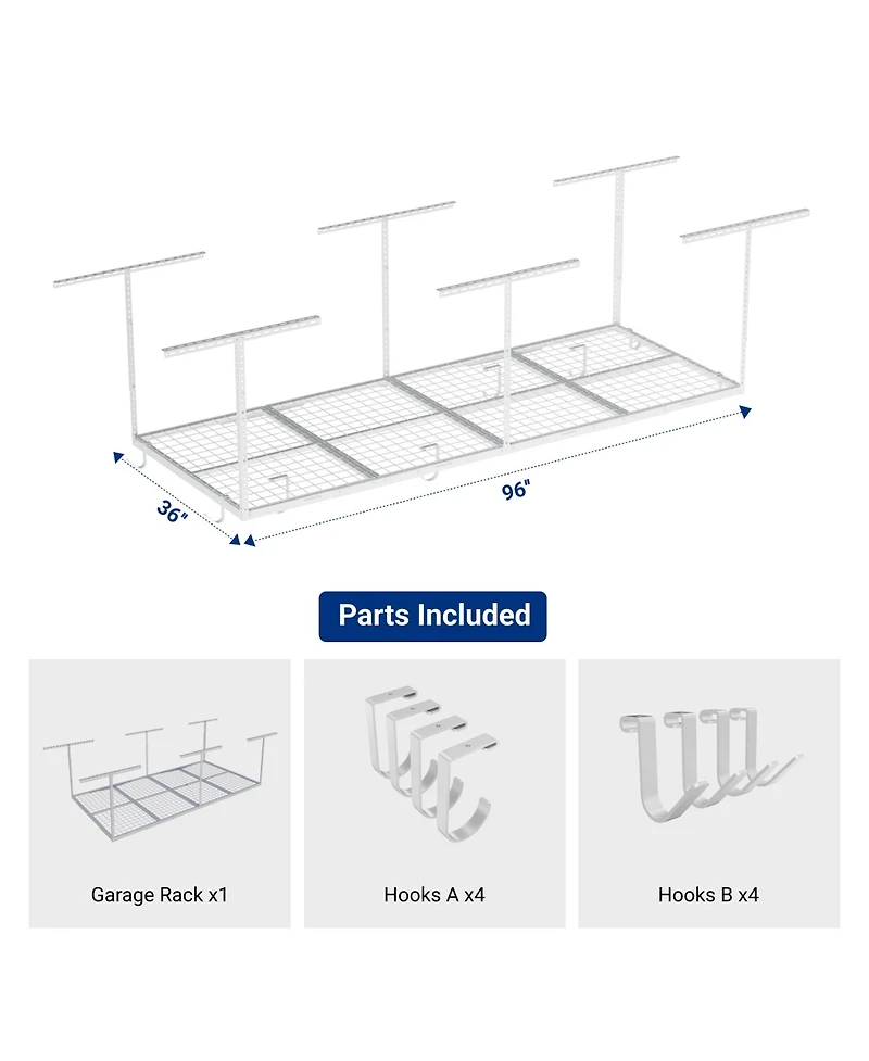 Fleximounts OHK38-e 36″ W × 96″ D Adjustable-Height Overhead Garage Storage Rack with 8 Hooks (White)
