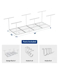 Fleximounts OHK38-e 36″ W × 96″ D Adjustable-Height Overhead Garage Storage Rack with 8 Hooks (White)