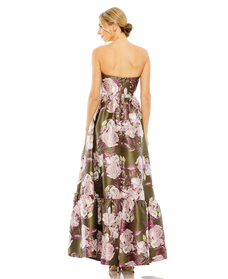 Mac Duggal Women's Strapless Bottom Ruffle Floral Gown