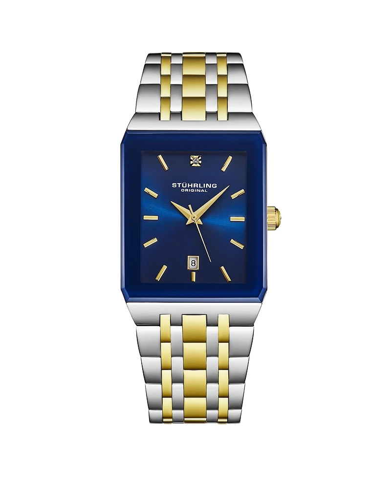 Stuhrling Empire Edge Two-Tone 4084 Rectangular Watch – Blue Dial Quartz Date Stainless Bracelet