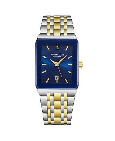Stuhrling Empire Edge Two-Tone 4084 Rectangular Watch – Blue Dial Quartz Date Stainless Bracelet