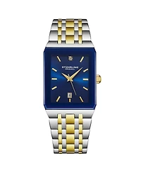 Stuhrling Empire Edge Two-Tone 4084 Rectangular Watch – Blue Dial Quartz Date Stainless Bracelet