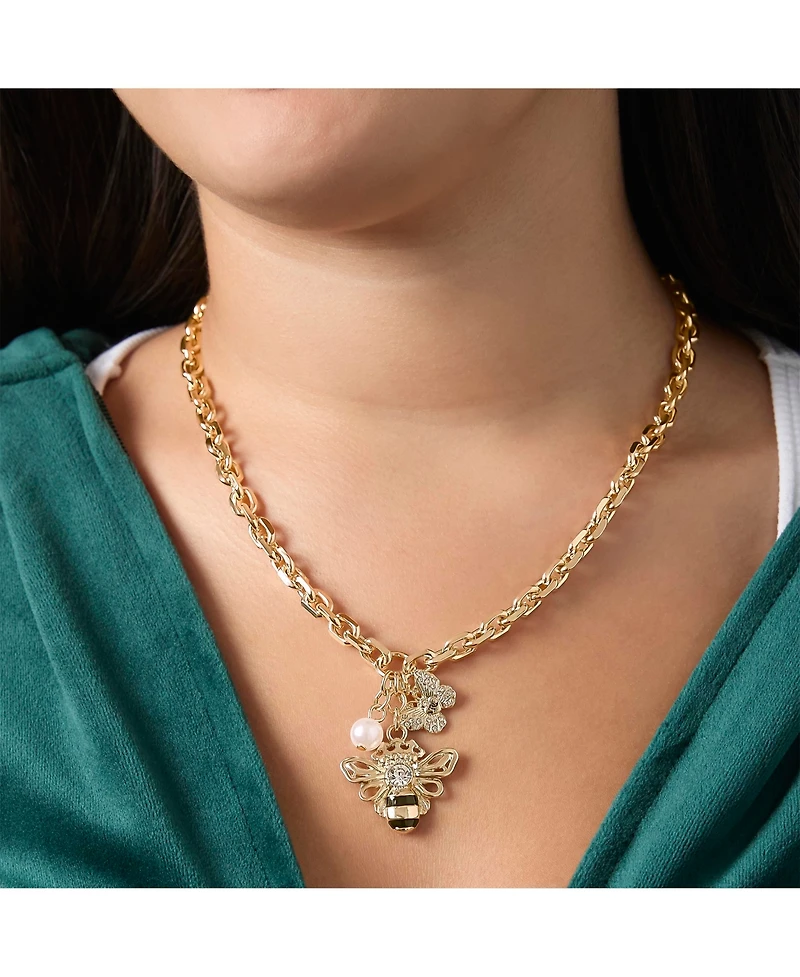Juicy Couture Charm Cluster Bee Necklace, Gold Tone with Crystal Butterfly & Pearl Accents