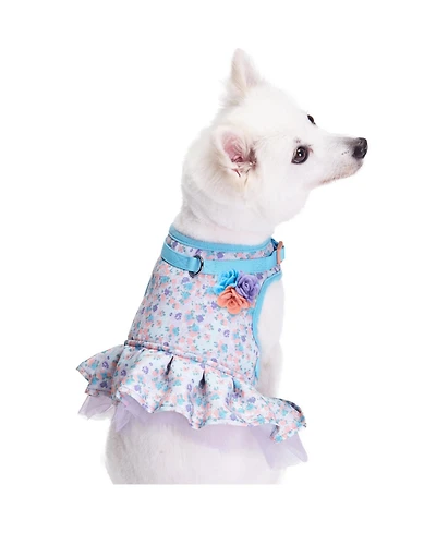 Blueberry Pet Made Well Floral Print Dog Dress Harness with Felt Flower Accessory in Lavender Color Size XSmall
