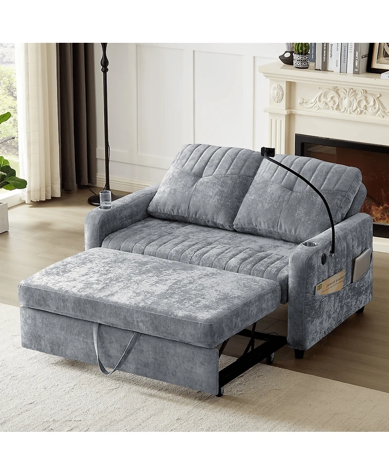 Maison Boucle 53.9" Chenille Pull-Out Sleeper Sofa with Adjustable Backrest, Usb Ports, Cup Holders & Side Storage