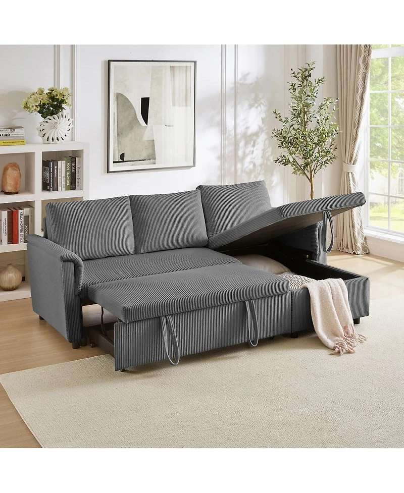 Maison Boucle 77.25" L-Shaped Corduroy Pull Out Sofa Bed with Chaise Storage, Tufted Modular Sleeper Couch Loveseat Adjustable Back