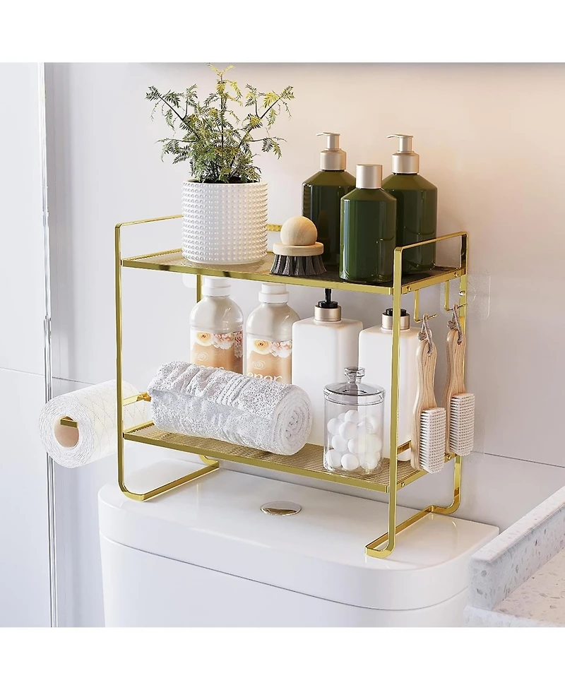 Gaomon 2-Tier Toilet Shelf w/ Paper Holder & Hooks, Metal Bathroom Organizer, Gold, 14.1"x6.3"x10.6"