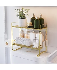 Gaomon 2-Tier Toilet Shelf w/ Paper Holder & Hooks, Metal Bathroom Organizer, Gold, 14.1"x6.3"x10.6"